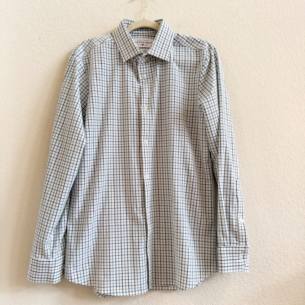 Mizzen+Main Leeward Trim Fit Dress Shirt Mens Medium Green Navy Gingham Check